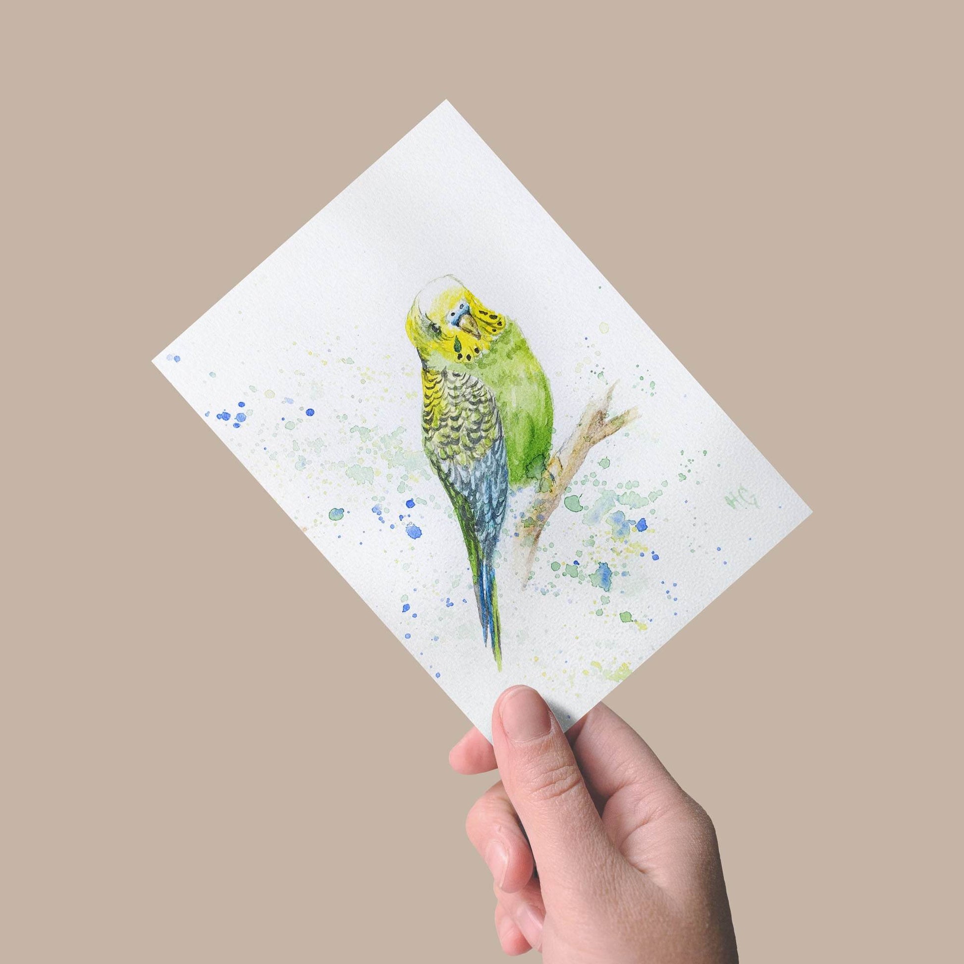 Heinz Grußkarte Postkarte „Grüner Wellensittich“ – Handgemalt auf Aquarellpapier (DIN A5)