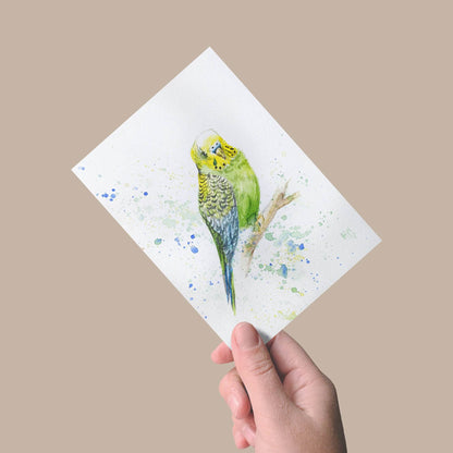 Heinz Grußkarte Postkarte „Grüner Wellensittich“ – Handgemalt auf Aquarellpapier (DIN A5)
