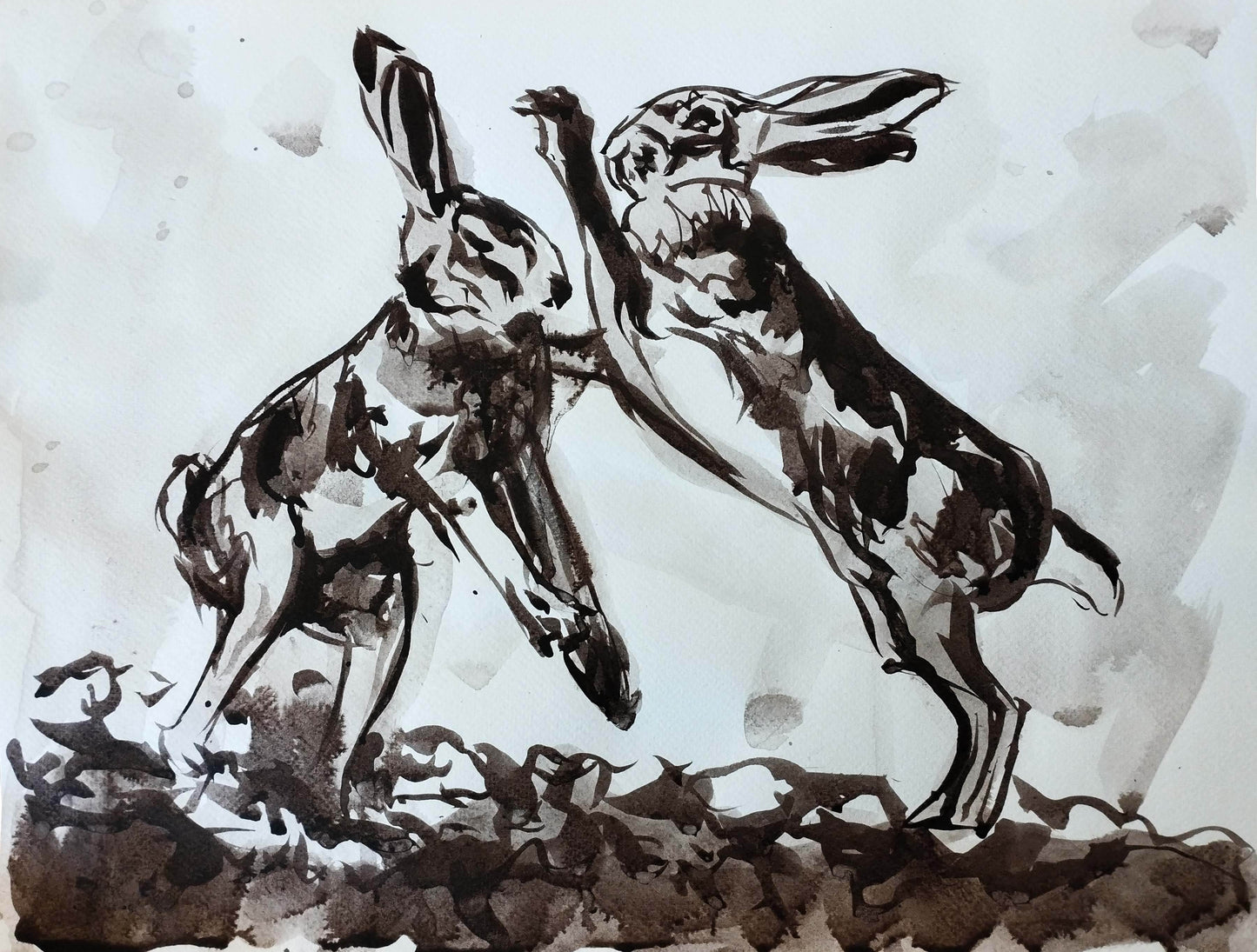 Heinz Acrylbild Aquarellbild „Hasen im Streit“ – Handgemaltes Tiermotiv (30 × 40 cm) Hoher Kontrast