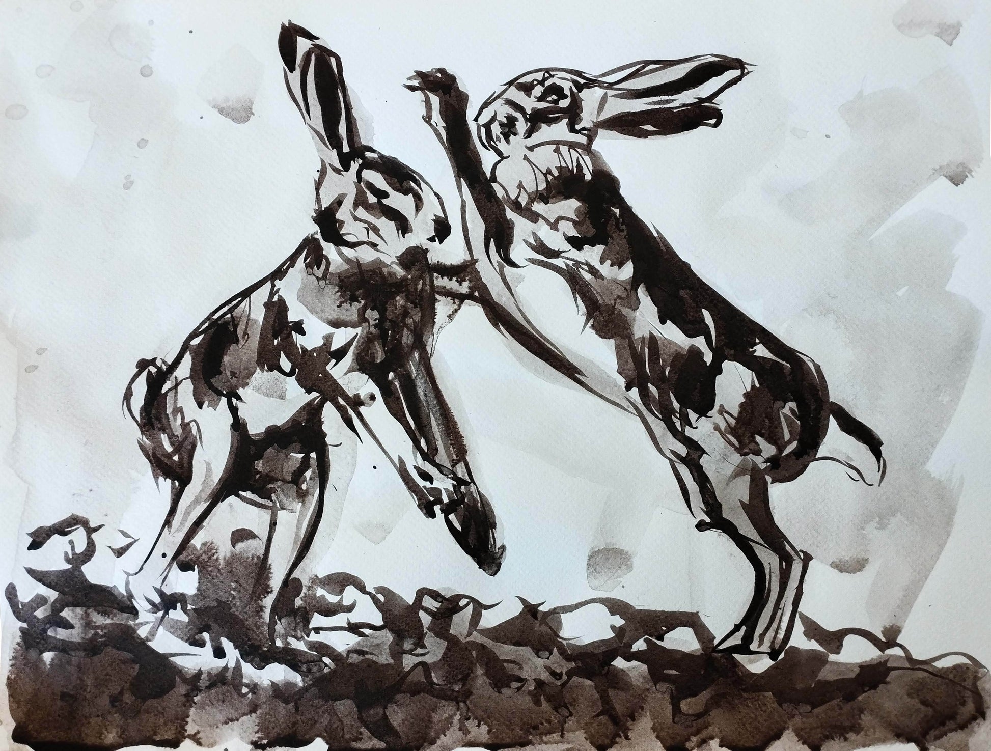 Heinz Acrylbild Aquarellbild „Hasen im Streit“ – Handgemaltes Tiermotiv (30 × 40 cm) Hoher Kontrast