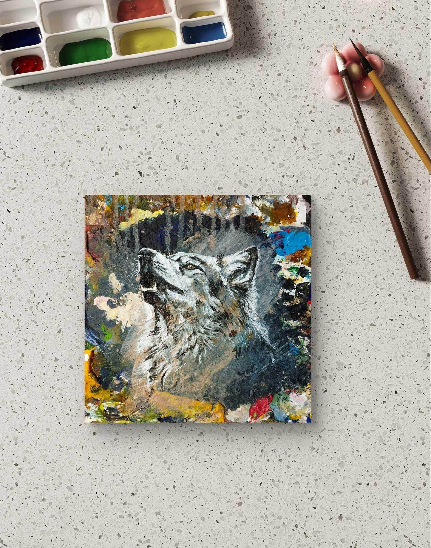 Heinz Acrylbild Wandbild heulender Wolf Acryl auf Leinwand (24 x 22 cm)