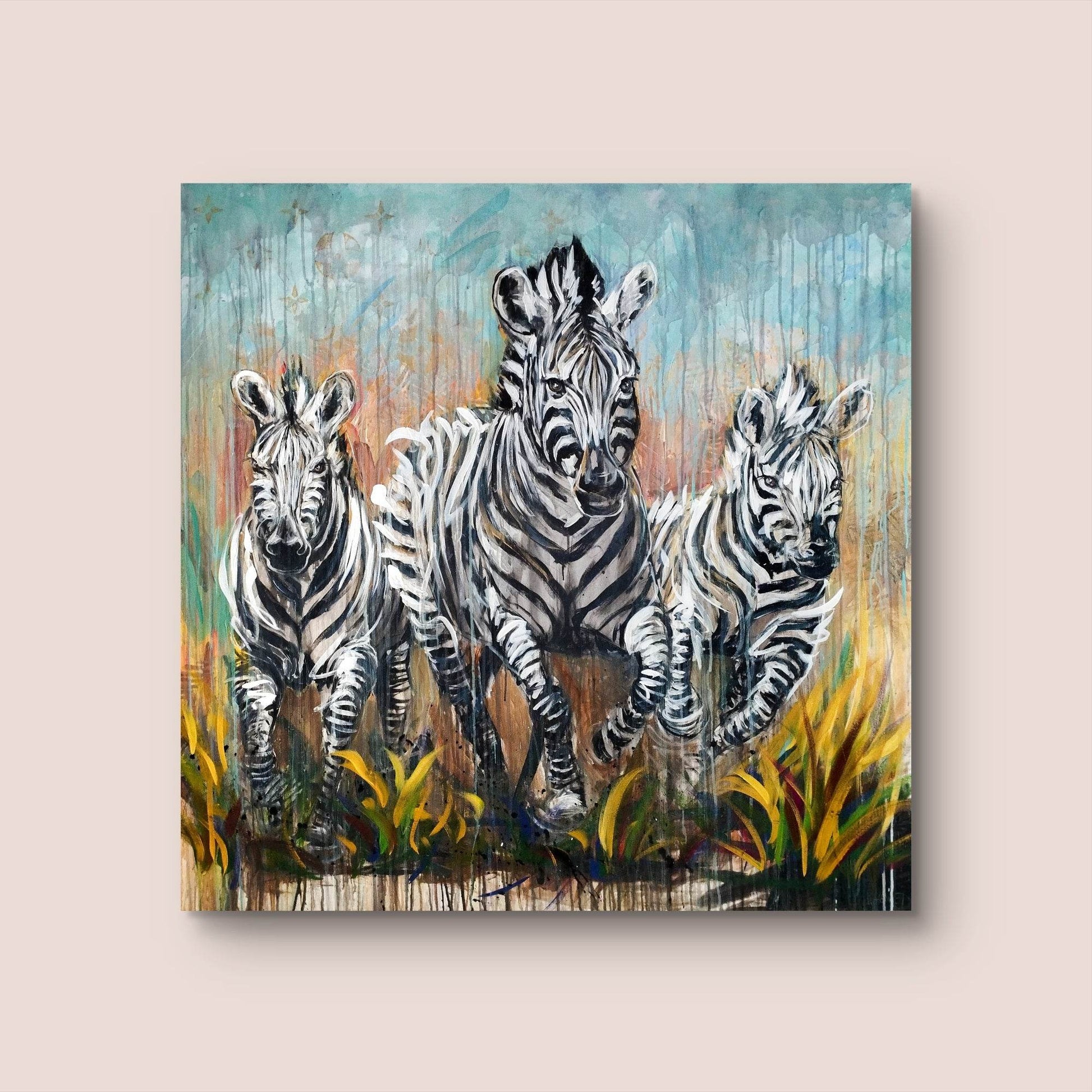 Heinz Acrylbild Wandbild drei Zebra Acryl auf Leinwand (120 x 120 cm)