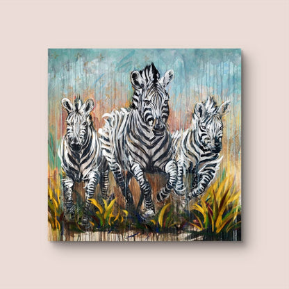 Heinz Acrylbild Wandbild drei Zebra Acryl auf Leinwand (120 x 120 cm)