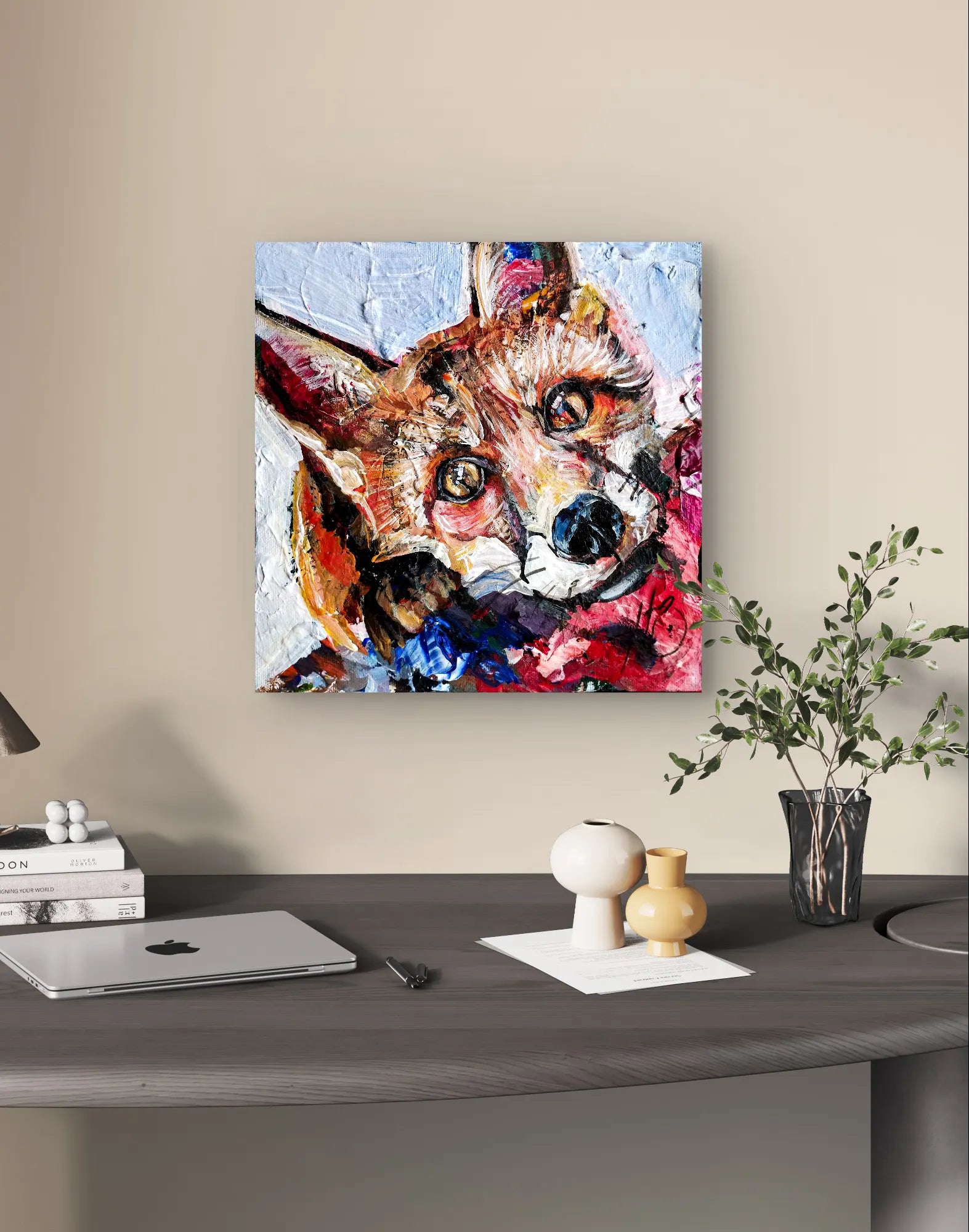 H1Z ART Acrylbild Gemälde Der Fuchs im Schatten – handgemaltes Original Acrylbild (20 x 20 cm)