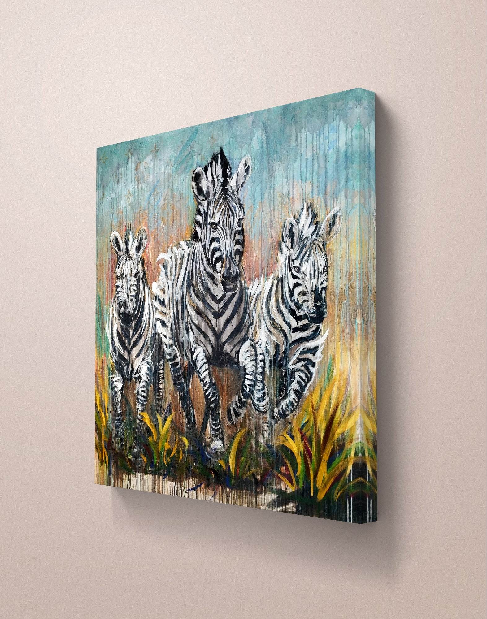Heinz Acrylbild Wandbild drei Zebra Acryl auf Leinwand (120 x 120 cm)