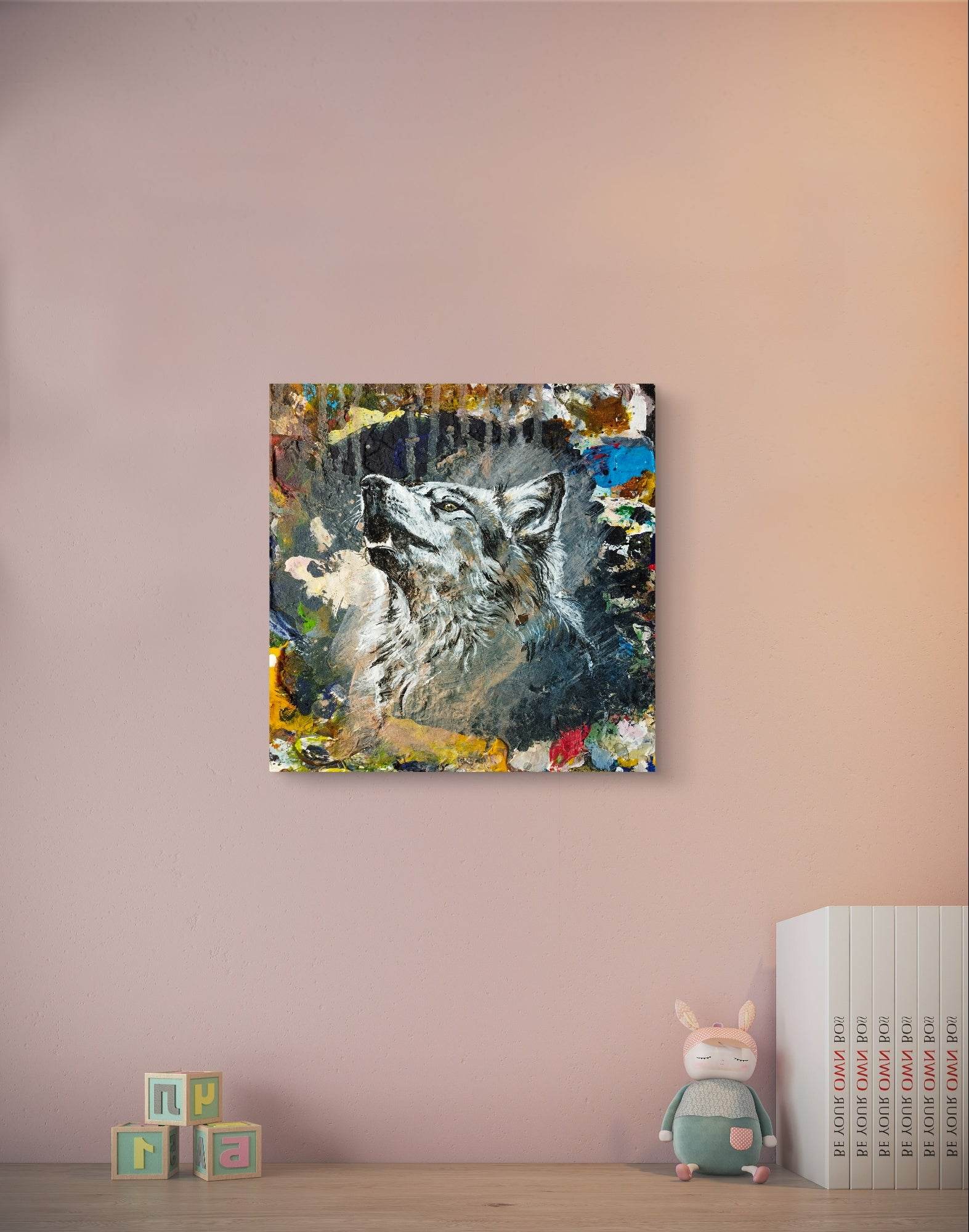 Heinz Acrylbild Wandbild heulender Wolf Acryl auf Leinwand (24 x 22 cm)