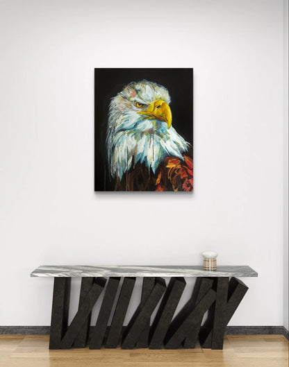 Expressives Acrylgemälde Weißkopfseeadler über einer skulpturalen Konsole mit Marmorplatte.