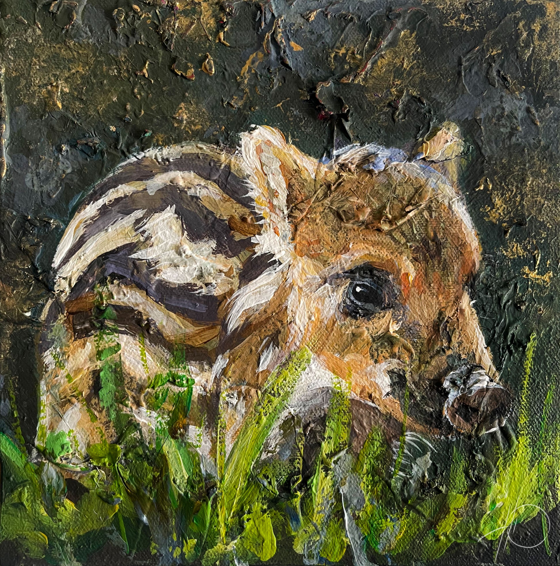 Original Acrylgemälde Baby Wildschwein (Frischling) im Gras, dunkler
Hintergrund auf Leinwand – handgemalte Tierkunst von Heinz Atelier.