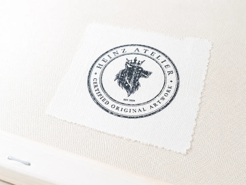Atelierstempel auf der Rückseite eines Originalgemäldes von Daniel Heinz – Kennzeichnung der Originalität und Herkunft des handgemalten Kunstwerks.
