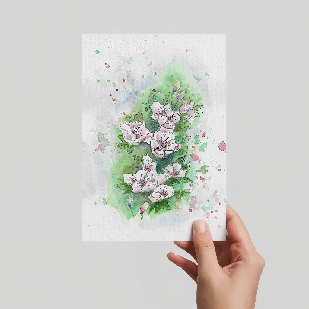 Aquarell Postkarte Blütenzweig/Kirschblüten, handgemalt mit Tuschelinien, expressive Malweise.