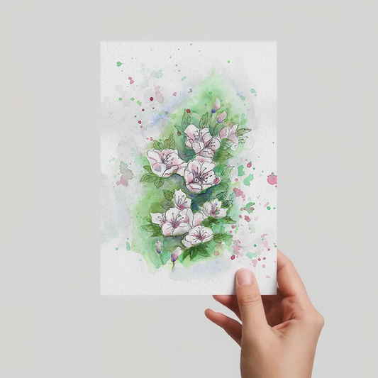 Aquarell Postkarte Blütenzweig/Kirschblüten, handgemalt mit Tuschelinien, expressive Malweise.