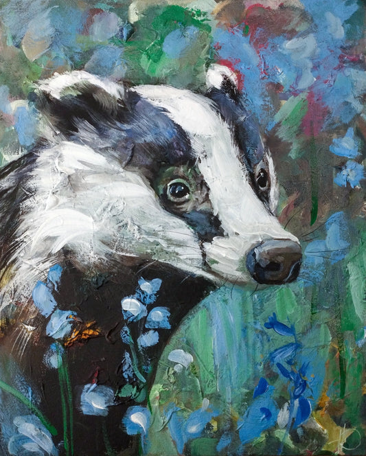 Handgemaltes Dachs Acrylgemälde 40×50 cm – Schwarz-Weiß-Tier vor buntem Blau-Grün-Hintergrund