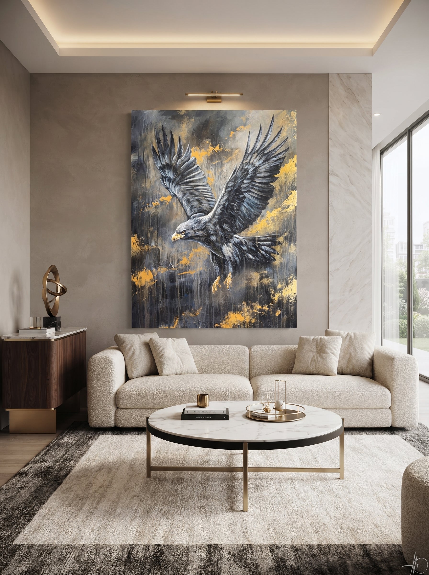 Handgemaltes Adler Bild mit ausgebreiteten Flügeln – abstrakte Wandkunst in Gold und Dunkelgrau