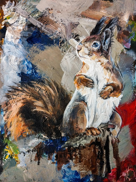 Handgemaltes Eichhörnchen Acrylgemälde 30×40 cm – blaue Augen, bunter expressiver Hintergrund
