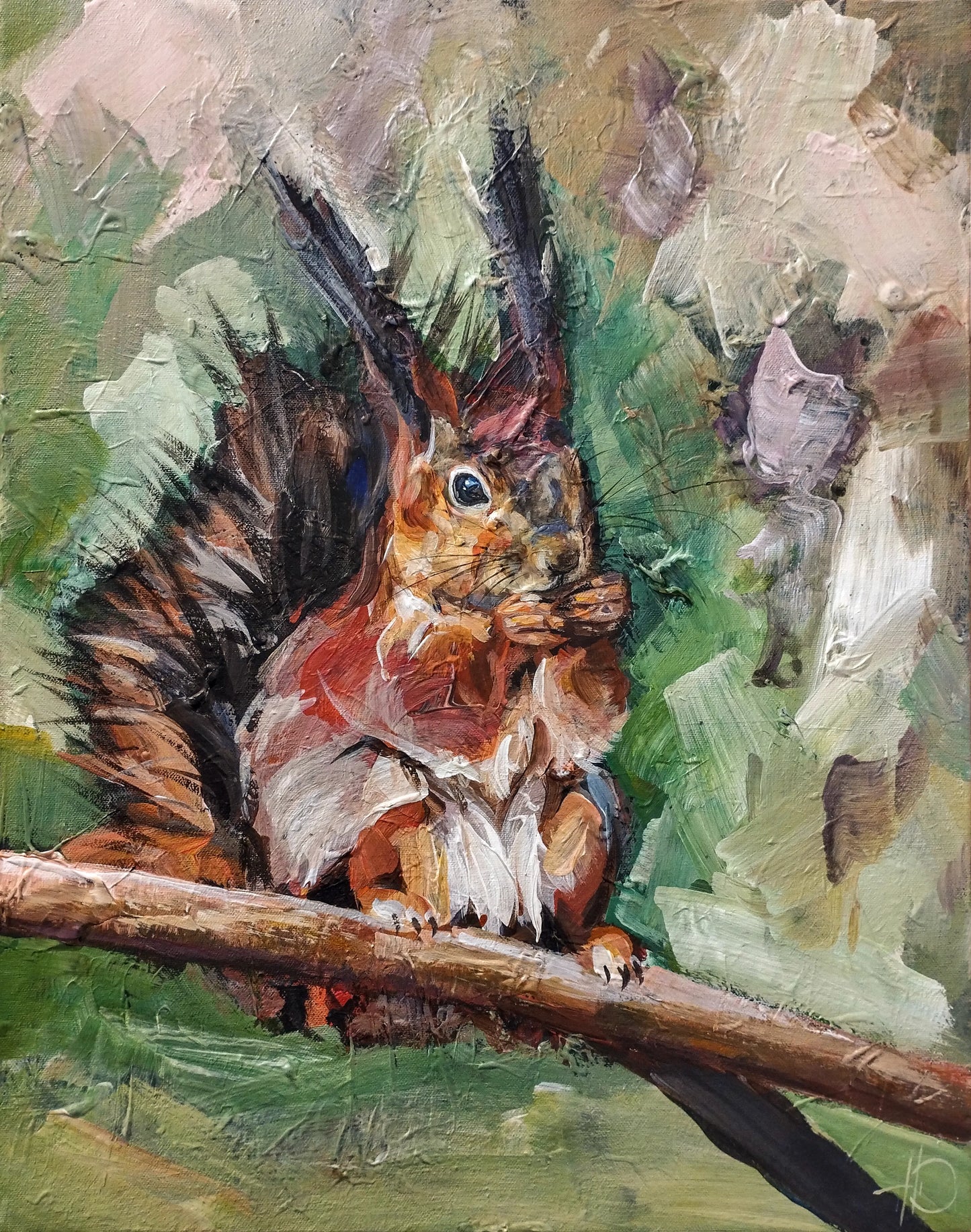 Handgemaltes Eichhörnchen Acrylgemälde 40×50 cm – rotbraunes Fell auf Ast, grüner Hintergrund