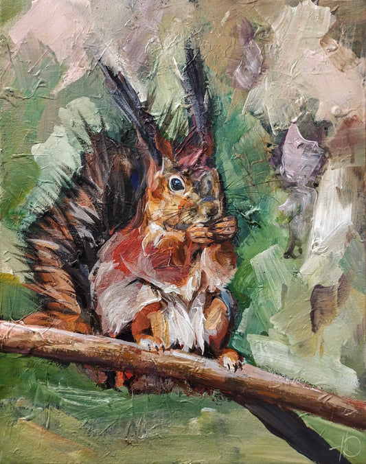 Handgemaltes Eichhörnchen Acrylgemälde 40×50 cm – rotbraunes Fell auf Ast, grüner Hintergrund