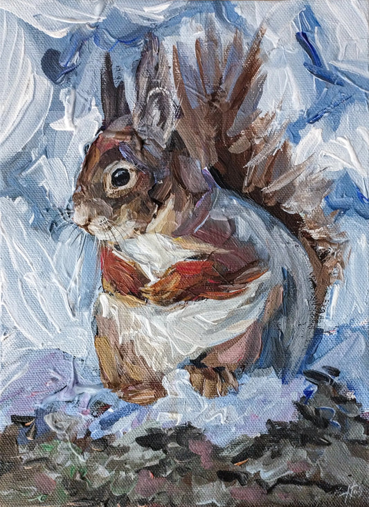 Handgemaltes Eichhörnchen Acrylgemälde 18×24 cm – Winterblau, Erdtöne, strukturreiche Malweise