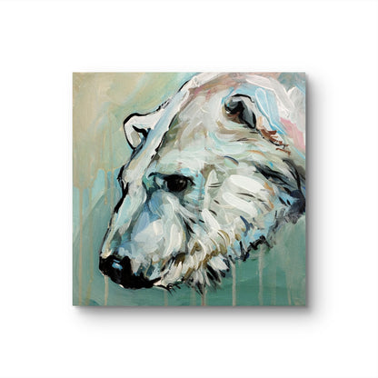 Acrylgemälde Eisbär, abstrakt-expressive Malweise in Weiß und Blau vor türkisgrünem Farbhintergrund.