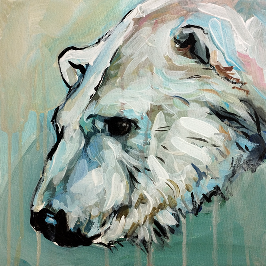 Detailansicht: Acrylgemälde Eisbär, pastose Pinselstriche betonen das Fell in Weiß, Hellblau und Rosa.