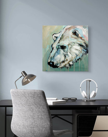 Acrylgemälde Eisbär über einem minimalistischen Schreibtisch in Anthrazit mit Kopfhörerständer im Büro.