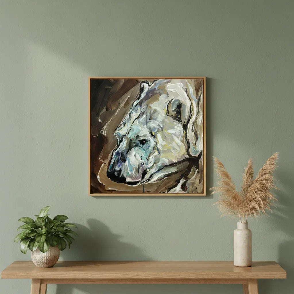 Gerahmtes Acrylgemälde Eisbär über hellem Holz-Sideboard vor mintgrüner Wand.