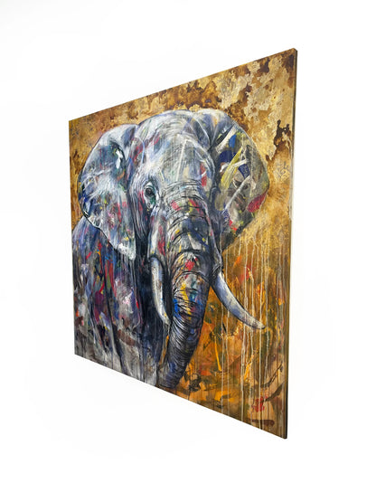 Acrylgemälde Elefant, Seitenansicht zeigt Dicke des Keilrahmens und den goldenen, texturierten Farbauftrag.