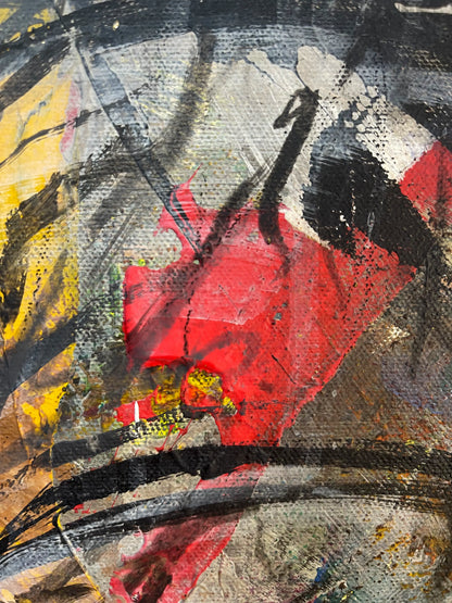 Detail: Pastoser roter Farbfleck und schwarze, schwungvolle Pinselstriche über grau-gelbem Untergrund.