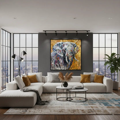 Acrylgemälde Elefant über weißer Eckcouch im modernen Loft-Stil mit dunkelgrauer Wand.