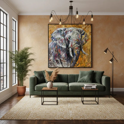 Acrylgemälde Elefant über olivgrüner Couch im skandinavischen Wohnzimmer mit Terrakotta-Wand.