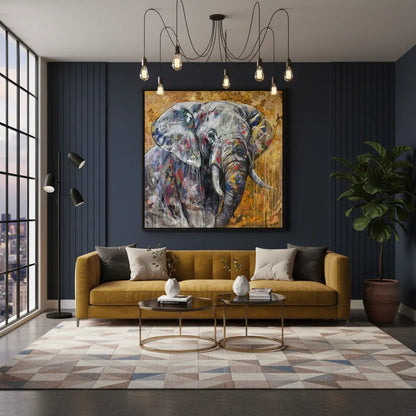 Acrylgemälde Elefant über senfgelber Couch in einem modernen Wohnzimmer mit blauer, getäfelter Wand.