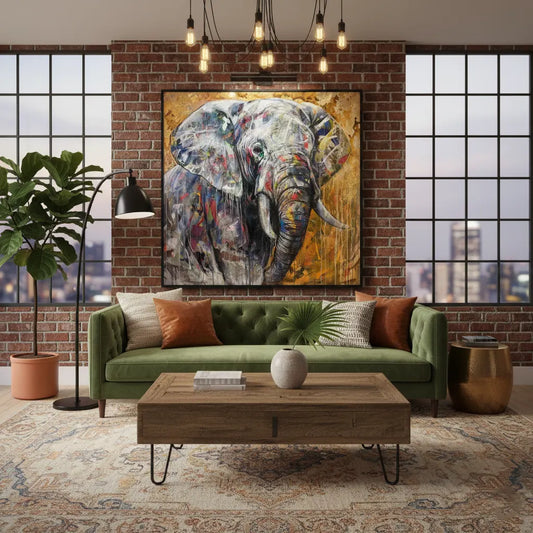 Acrylgemälde Elefant über grünem Samtsofa in einem Loft-Wohnzimmer mit Industrie-Fenstern und Backsteinwand.
