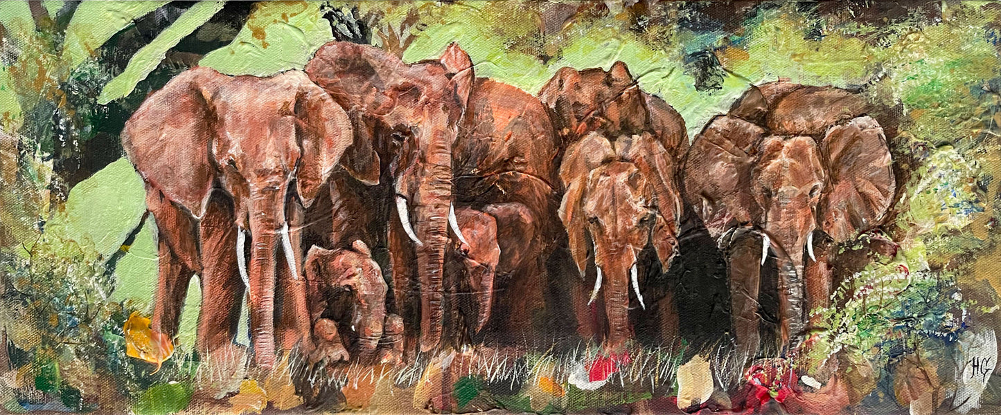 Original Acrylgemälde Elefantenfamilie mit Jungtier, grüner
Savannen-Hintergrund auf Leinwand – handgemalte Tierkunst von Heinz Atelier.