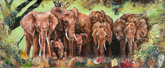 Original Acrylgemälde Elefantenfamilie mit Jungtier, grüner
Savannen-Hintergrund auf Leinwand – handgemalte Tierkunst von Heinz Atelier.