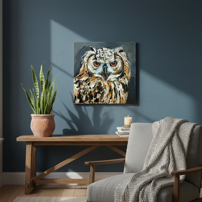 Handgemaltes Eulen-Gemälde über rustikaler Holzbank vor dunkelblauer Wand.