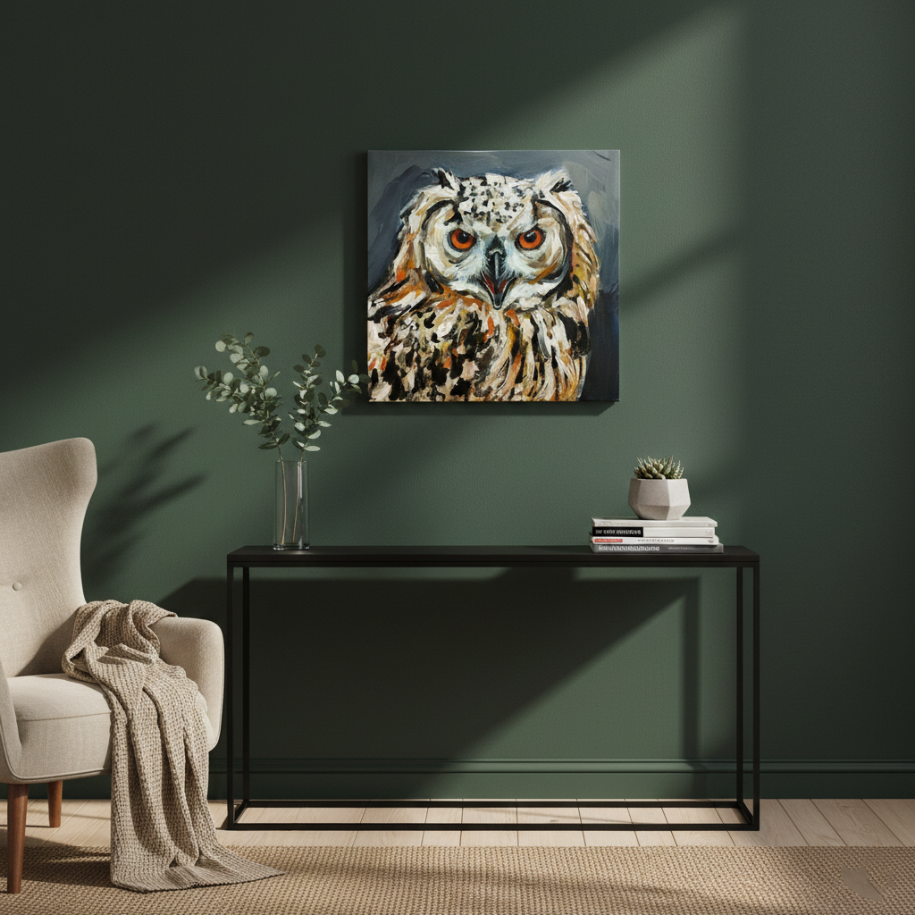 Expressives Eulen-Gemälde über schwarzem Konsolentisch vor dunkelgrüner Wand im eleganten Zimmer.