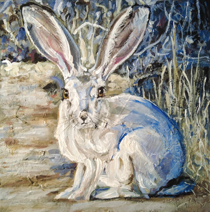 Handgemaltes Feldhase Acrylgemälde 30×30 cm – heller Hintergrund, minimalistisches Tierporträt