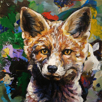 Handgemaltes Fuchs Acrylgemälde 30×30 cm – präzises Gesicht, expressiver Blütenhintergrund