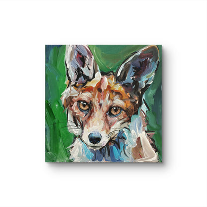 Acrylgemälde Fuchs Porträt, expressive Malweise mit pastosen Pinselstrichen vor leuchtend grünem Hintergrund.