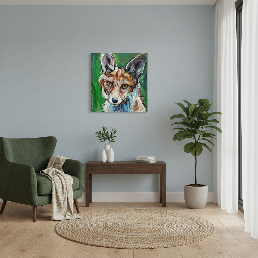 Expressives Fuchs-Gemälde über dunklem Beistelltisch vor hellblauer Wand mit grünem Sessel.