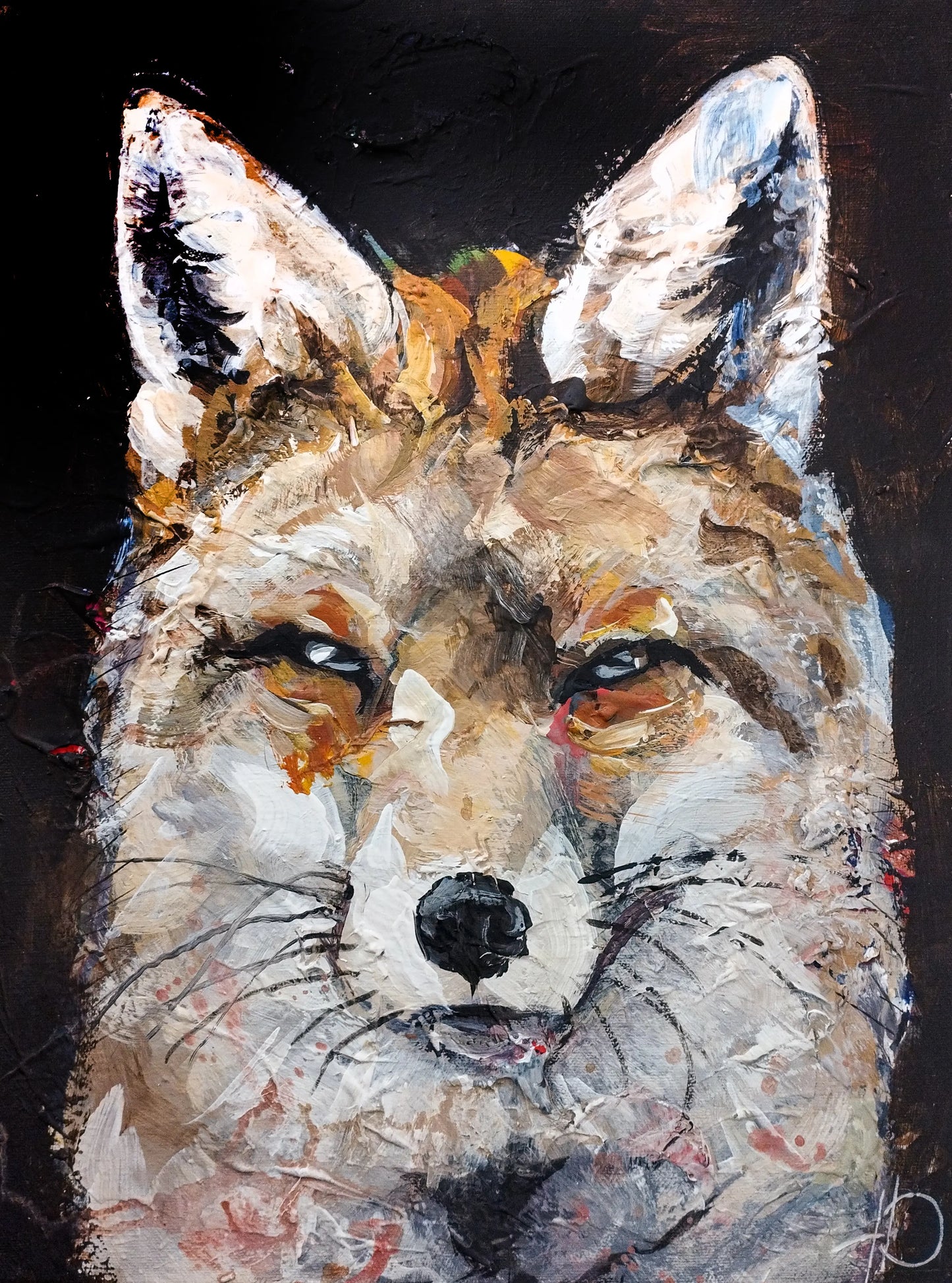 Handgemaltes Fuchs Acrylgemälde 30×40 cm – Ocker-Braun vor schwarzem Grund, Spachteltechnik