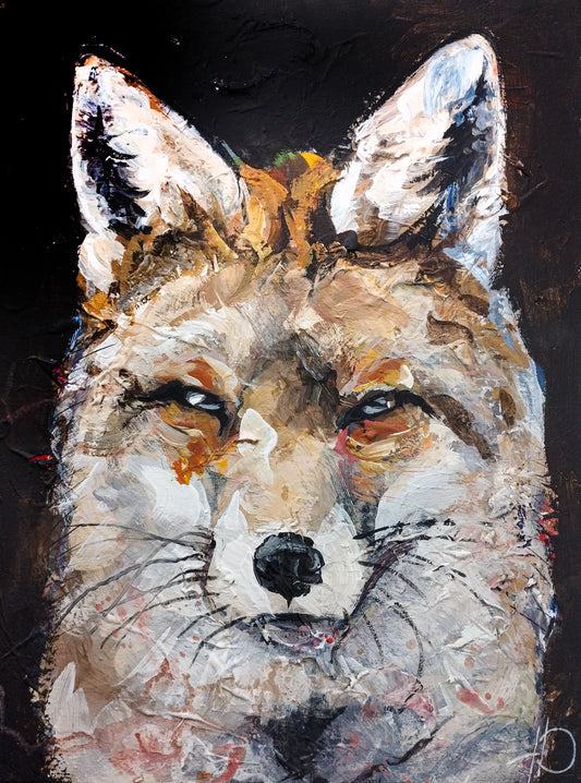 Handgemaltes Fuchs Acrylgemälde 30×40 cm – Ocker-Braun vor schwarzem Grund, Spachteltechnik