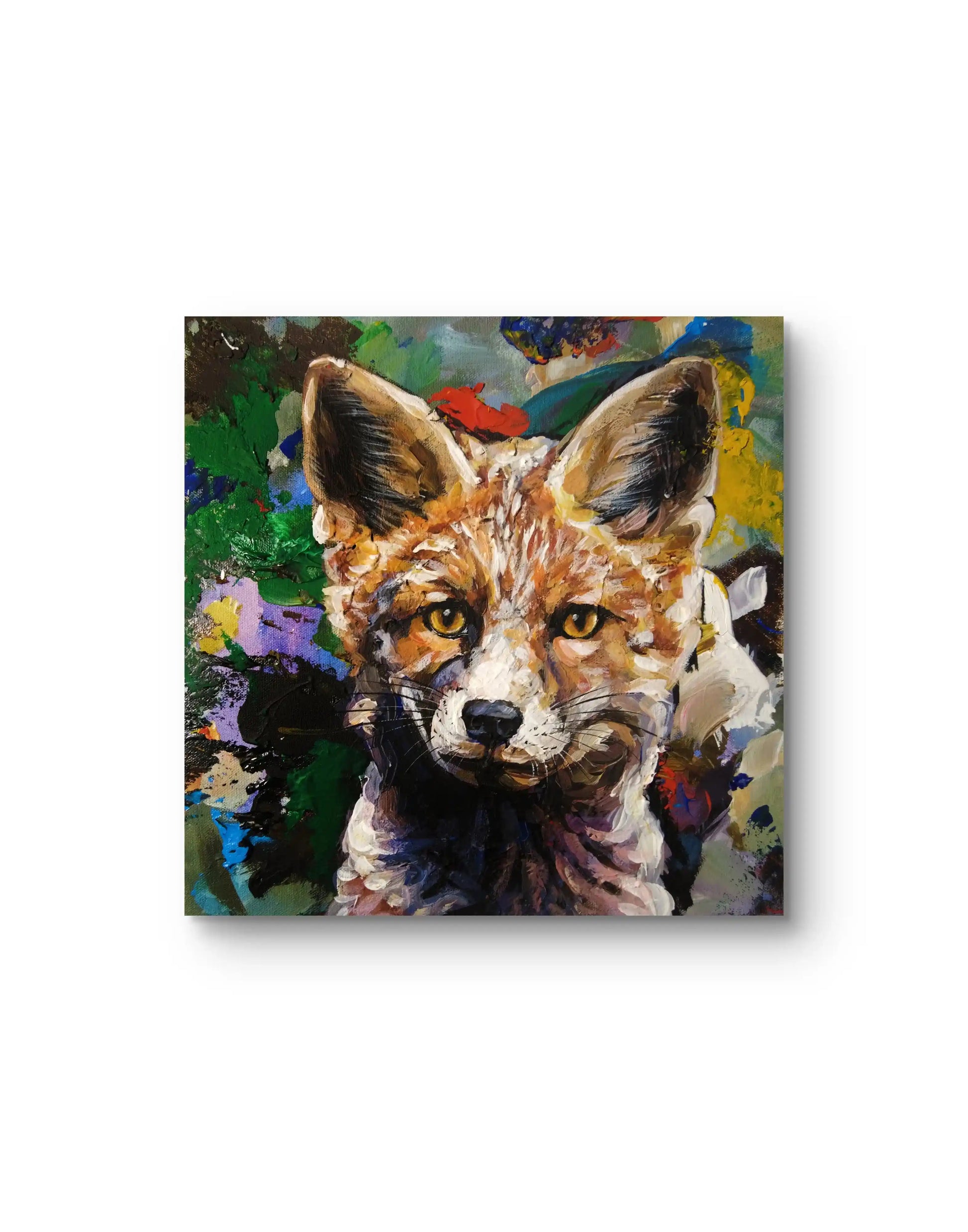 Handgemaltes Fuchs Acrylgemälde 30×30 cm – präzises Gesicht, expressiver Blütenhintergrund