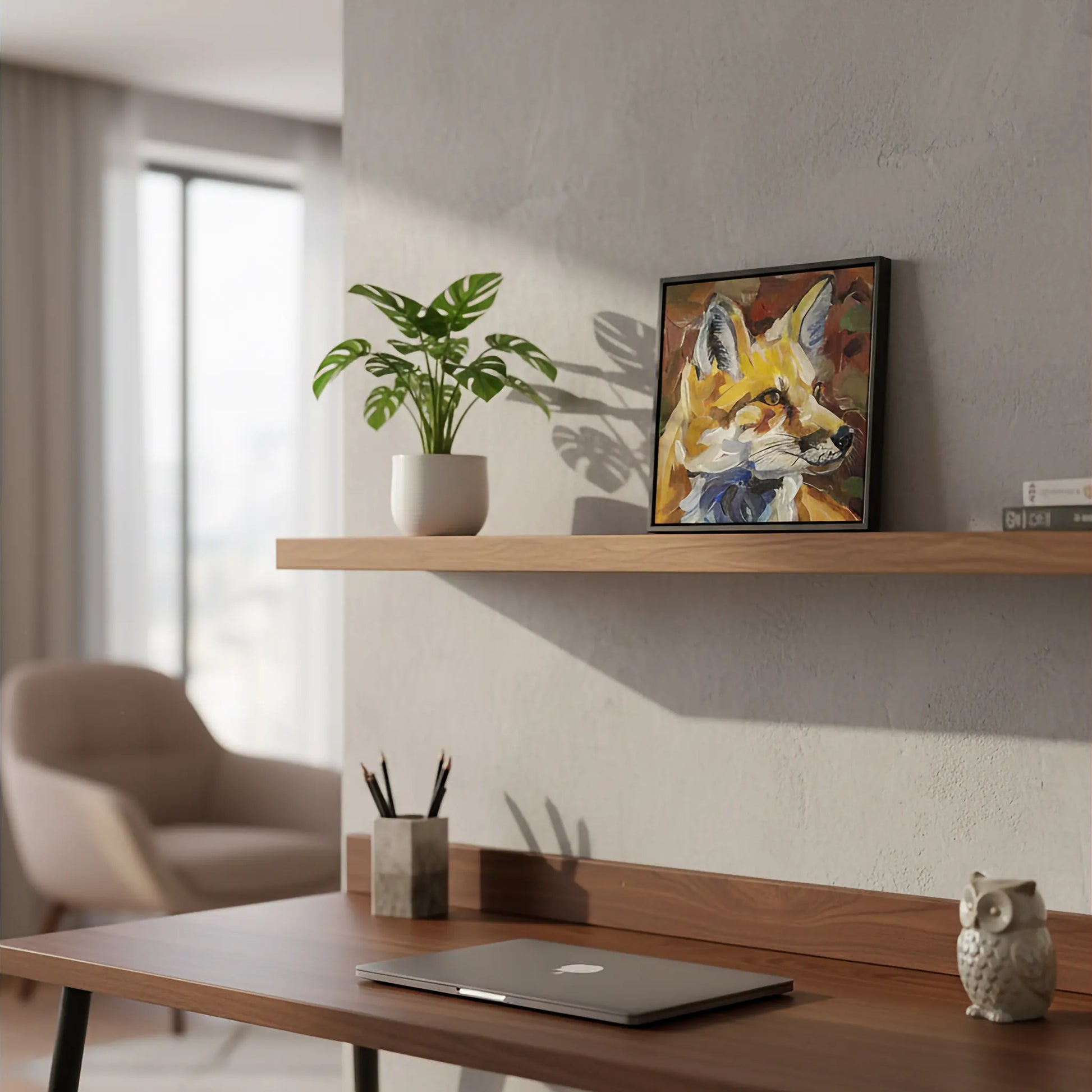 Handgemaltes Fuchs Tierportrait auf Leinwand, farbenfrohes Acrylbild für Kommode oder Regal