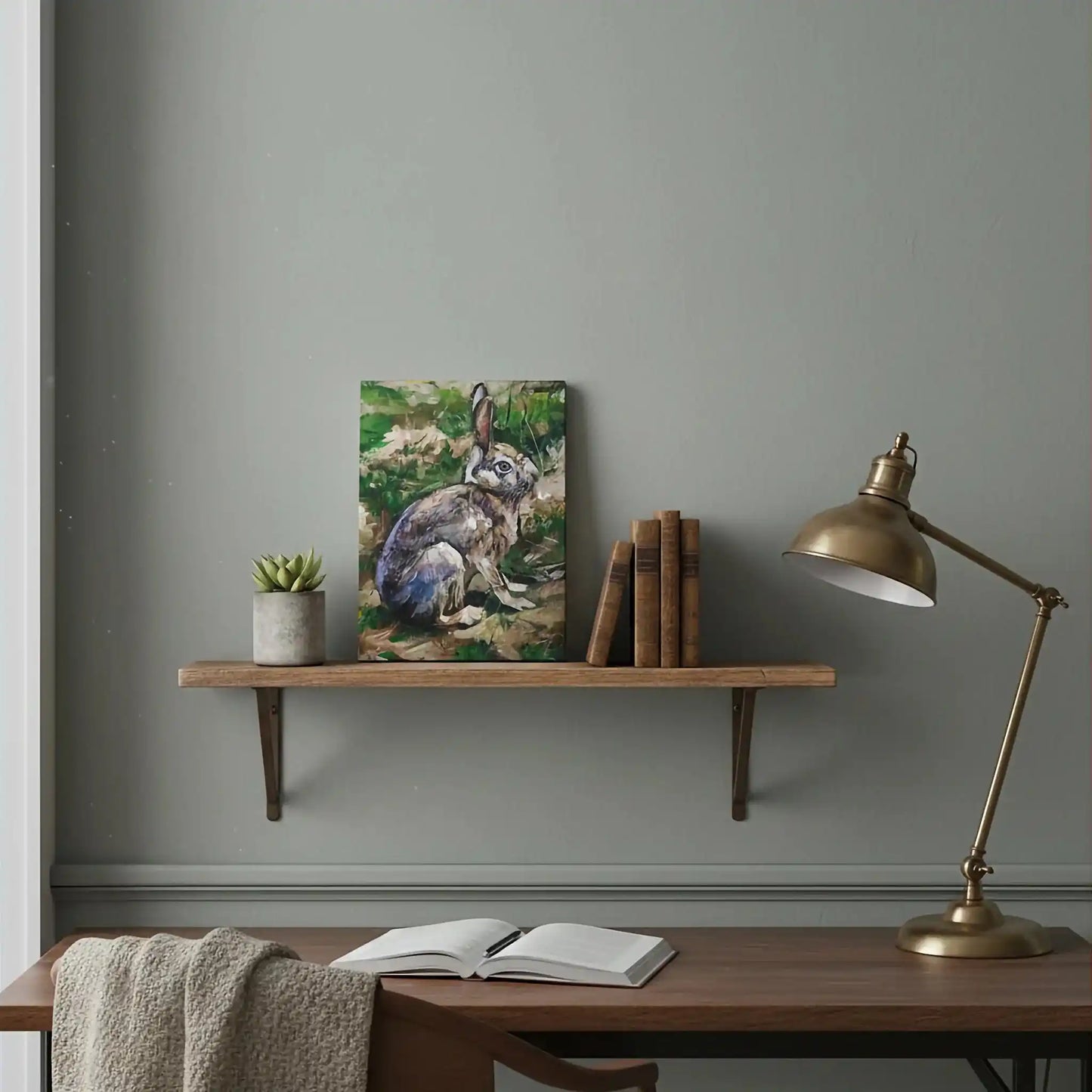 Handgemaltes Hase Gemälde auf Leinwand, sanfte Farben, Wanddeko für Kommode oder Regal