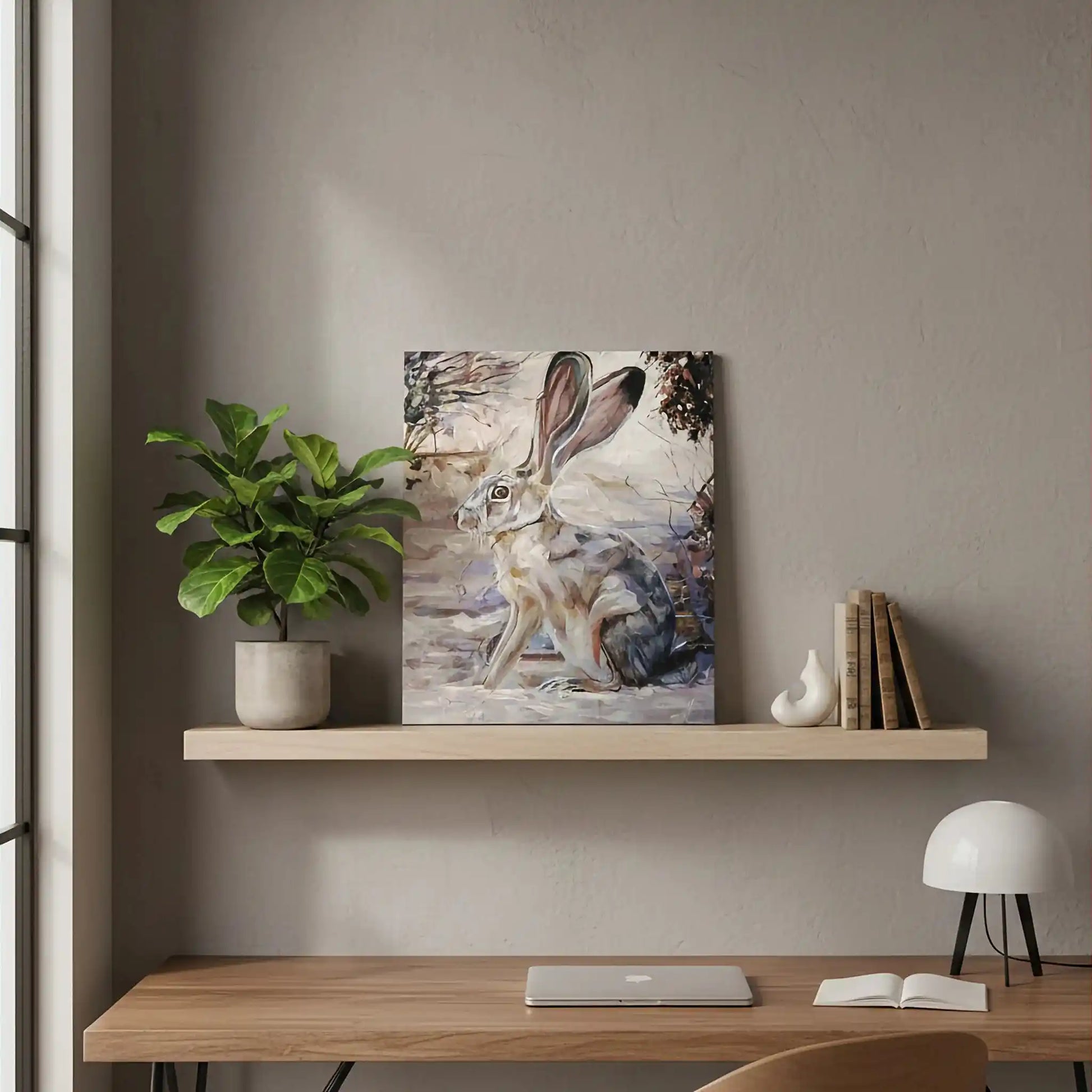 Handgemaltes Hase Acrylgemälde 40×50 cm – laufender Feldhase in Sandfarben, dynamisches Tierportrait auf Leinwand