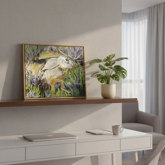 Handgemaltes Hase Gemälde auf Leinwand, natürliche Sommerstimmung, ideal für Kommode oder Regal