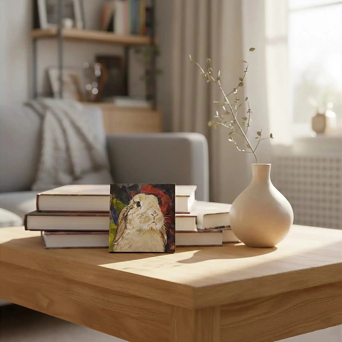 Handgemaltes Kaninchen Gemälde auf Leinwand, rundes Tierportrait, Dekoration für Kinderzimmer
