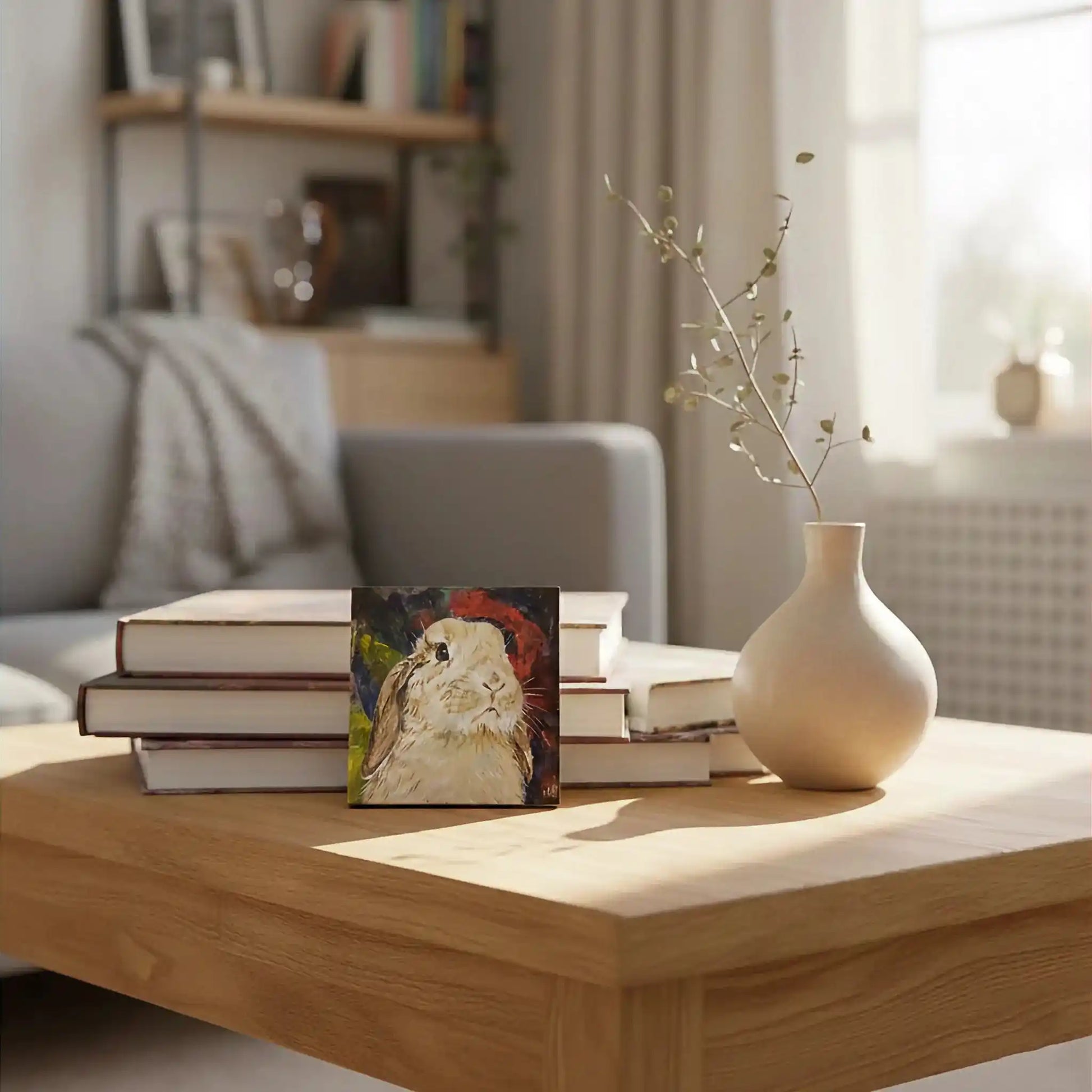 Handgemaltes Kaninchen Gemälde auf Leinwand, rundes Tierportrait, Dekoration für Kinderzimmer