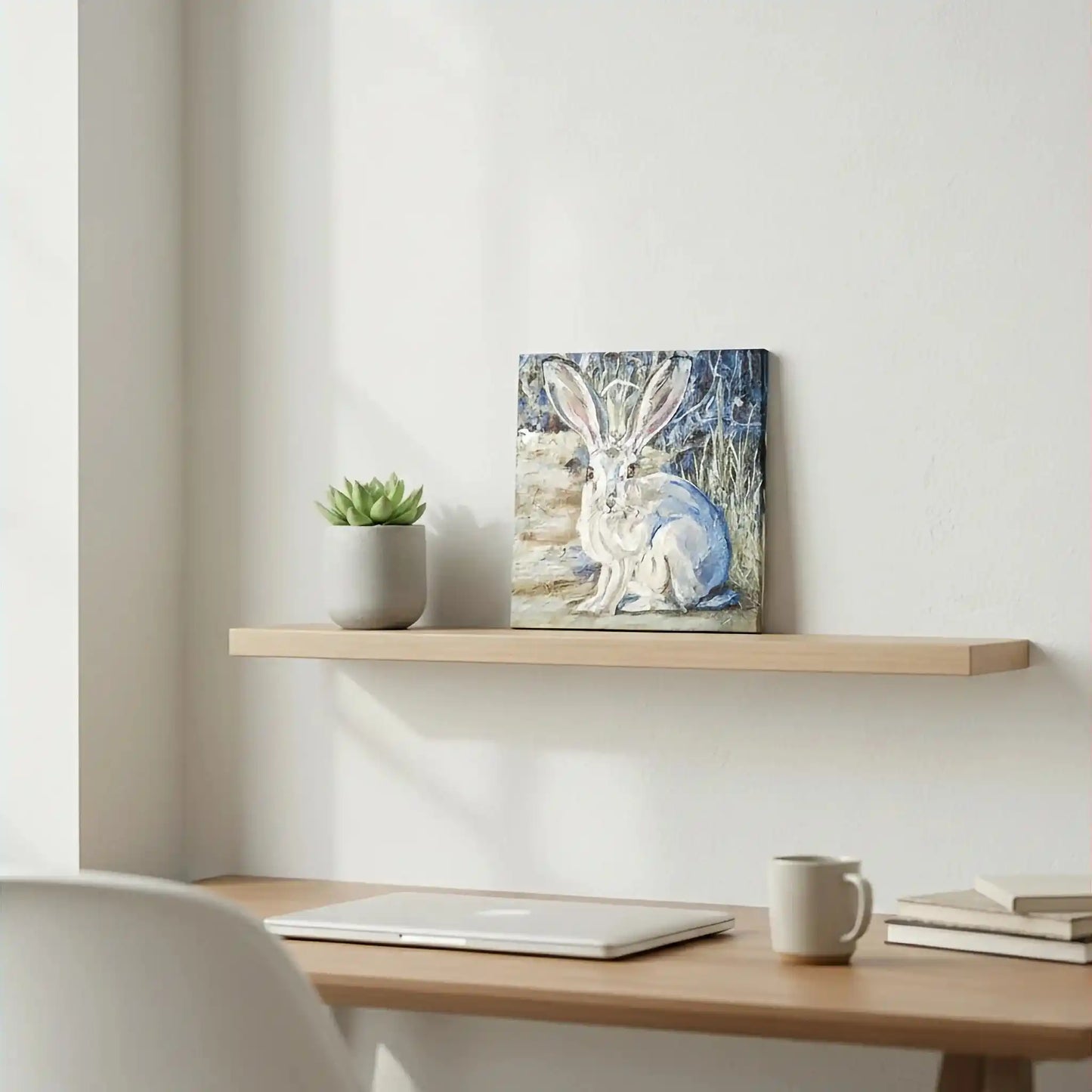 Handgemaltes Feldhase Acrylgemälde 30×30 cm – heller Hintergrund, minimalistisches Tierporträt