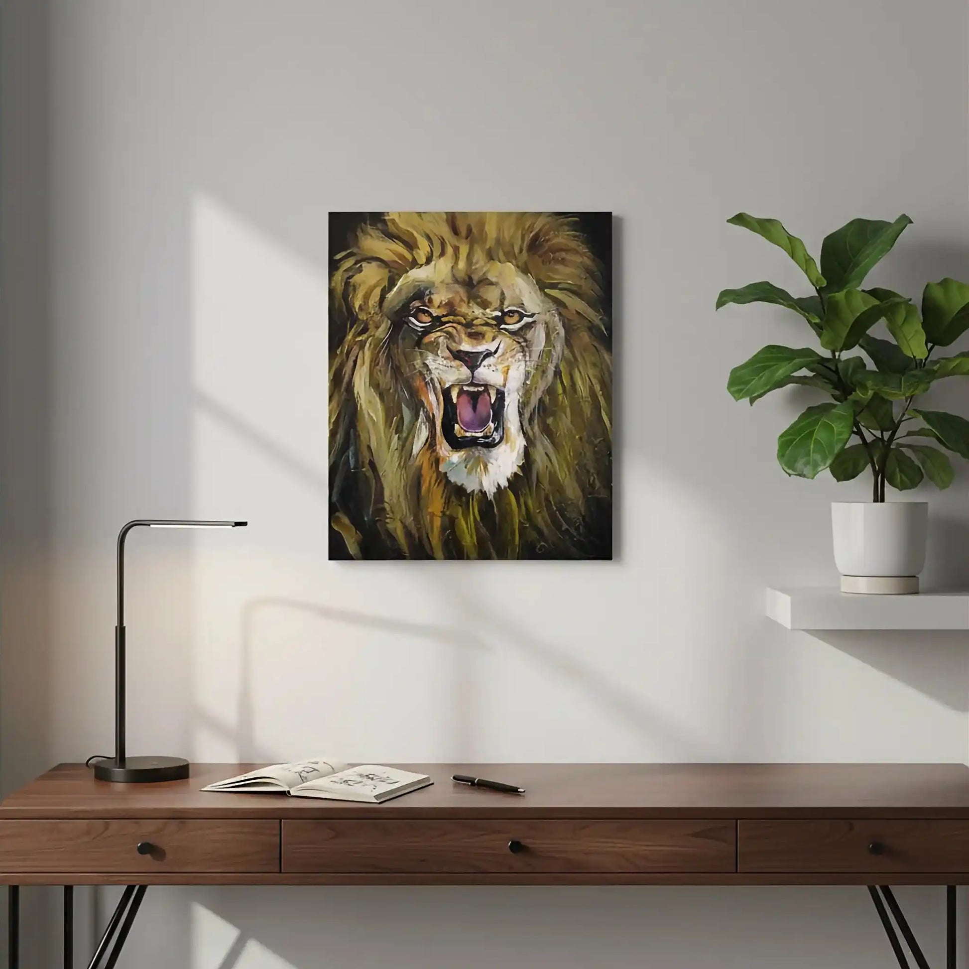 Handgemaltes Löwe Gemälde auf Leinwand, dekoratives Tierportrait für Regal oder Kommode